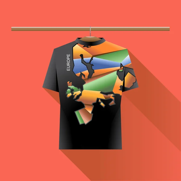 Camisa preta abstrata com logotipo de cor europa com triângulos e texto em um cabide em guarda-roupa sobre fundo vermelho. Imagem vetorial digital —  Vetores de Stock