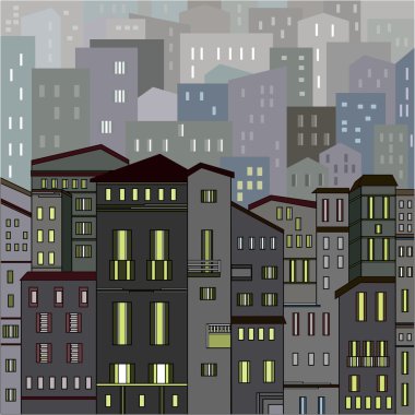 Soyut gri şehir görünümünde özetliyor birçok evleri ve binaları ile ışıkları ile gece tek bir parça olarak. Karikatür tarzı. Dijital vektör görüntü.