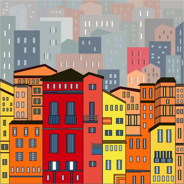 Abstract gekleurde Stadszicht in overzichten met vele huizen en gebouwen als één stuk. Cartoon stijl. Digitale vector afbeelding. — Stockvector