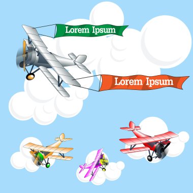 Mavi arka plan üzerinde bulutlar, gümüş, pembe, kırmızı ve turuncu set koleksiyonu ile gökyüzünde uçan şeritler ile eski uçak modeli. Dijital vektör görüntüsü.