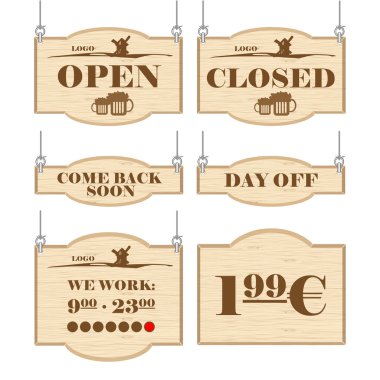 Açık, kapalı, izinli tabelaları olan batı bar logosu koleksiyonu. Dijital vektör resmi.