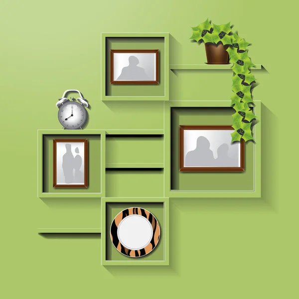 Estante cuadrado verde en una pared con imágenes familiares, reloj, plato y maceta. Imagen vectorial digital — Vector de stock