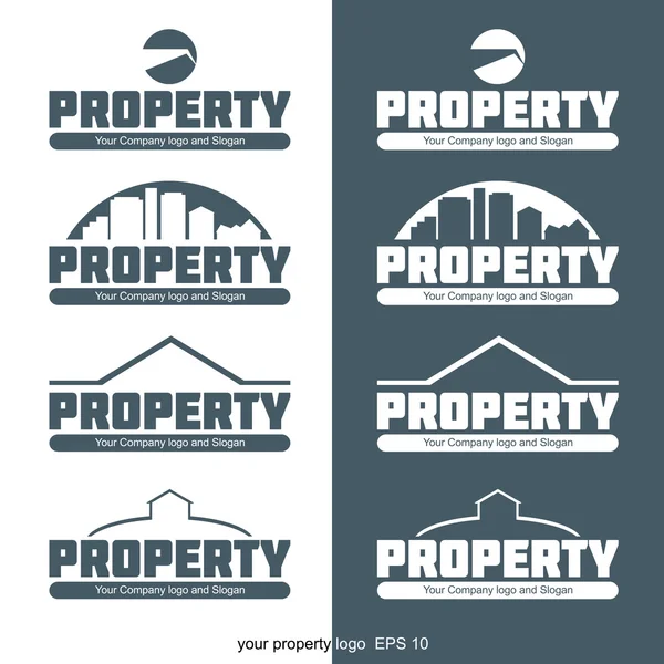 Logotipo abstrato da propriedade com edifícios e construção em contorno. Imagem vetorial digital . — Vetor de Stock