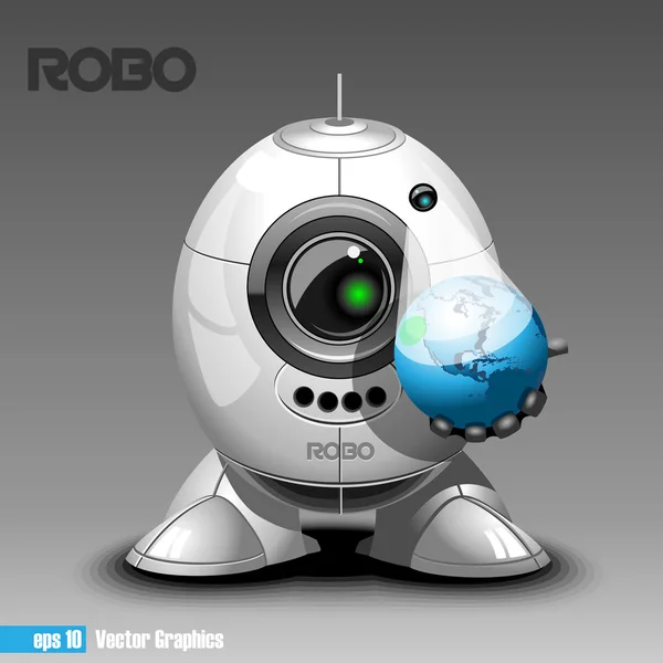 Zilver Robo Eyeborg projecterende de planeet aarde in 3D, vasthouden in de hand. Grote groene en zwarte oog en antenne, twee voeten. Digitaal vector beeld. — Stockvector