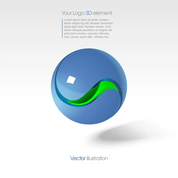 녹색 커널, 텍스트 및 그림자가있는 파란색 구가있는 3D의 큰 로고를 추상화합니다. 디지털 벡터 이미지. — 스톡 벡터