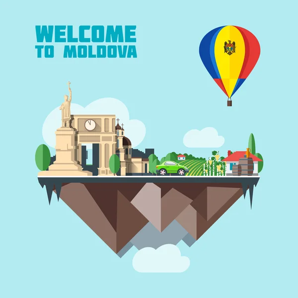 Moldova ülke infografik harita 3d ülke şekli bulutlar ile gökyüzünde uçan, simgeleri ile renkli bir balon büyük bayrak. Dijital vektör görüntüsü