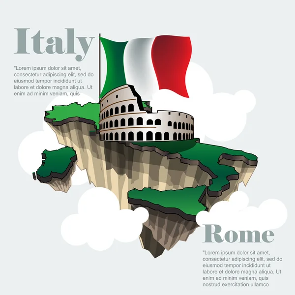 Italien Länderinfografik Karte in 3D mit Länderform am Himmel mit Wolken, großer Flagge und dem Kolosseum. digitales Vektorbild — Stockvektor