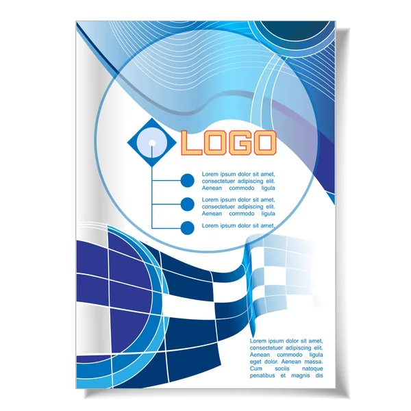 Abstrakter Flyer und Banner für den Druck mit Logo, Beschreibungselementen und blauen Formen quadratische und lineare Grafiken. digitales Vektorbild. — Stockvektor