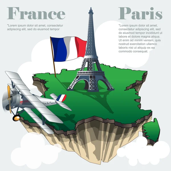 Mapa kraju Francja Infografika w 3D z kształtu kraju pływające na niebie z chmur, duża flaga Wieża Eiffla i latający stary samolot. Cyfrowy obraz wektorowy — Wektor stockowy