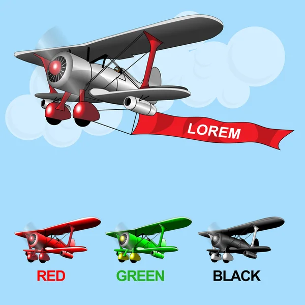 Old airplane model flying in the sky with clouds, silver, green and black set collection over blue background. Digital vector image. — Stock Vector