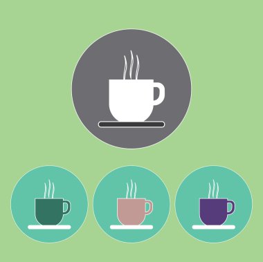 Açık yeşil arka plan, dijital vektör görüntü üzerinde, anahatları köpük ve buhar ile sıcak kahve fincan bir dizi