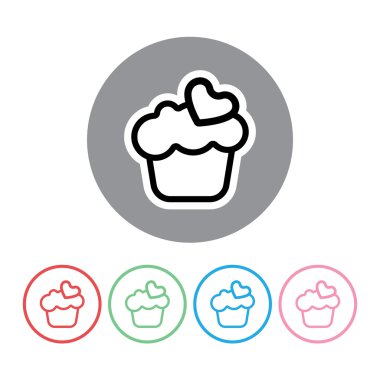 Şeker kartı anahat tarzıbeyaz arka plan üzerinde, üstüne kalp ile büyük çikolata kremalı kek ile ayarlayın. Kırmızı, yeşil, mavi ve pembe. Dijital vektör görüntüsü.