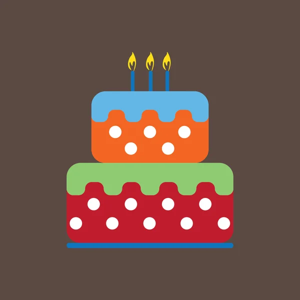 Tarjeta de caramelo con un gran pastel de crema de frutas con puntos blancos, velas encendidas en la parte superior, sobre fondo marrón. Azul, amarillo, rojo, verde y naranja. Imagen vectorial digital . — Vector de stock