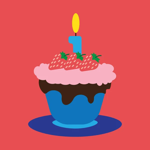 Cartão de doces com um grande bolo de creme de frutas com chocolate e morangos, grande vela acesa em cima, sobre fundo vermelho. Azul, amarelo, vermelho, verde e laranja. Imagem vetorial digital . — Vetor de Stock