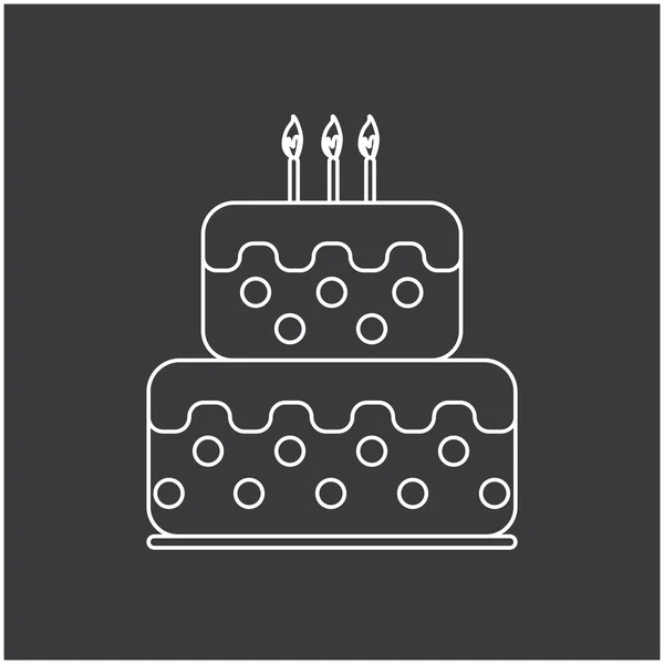 Cartão de doces com um grande bolo de creme de chocolate com velas em cima e pontos, sobre fundo de prata em estilo esboço. Imagem vetorial digital . — Vetor de Stock