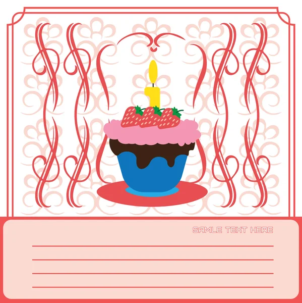 Candy card with a big colored cream cake with strawberries and seeds, burning candle on top, over white background with frames. Digital vector image. — Stock Vector