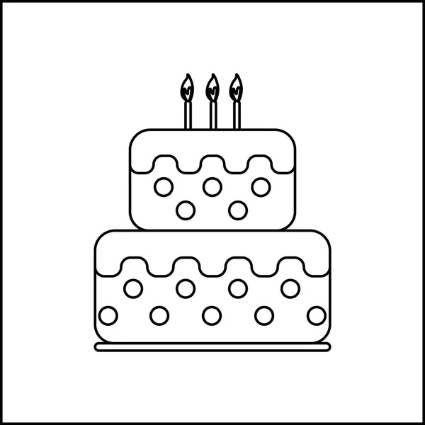 Tarjeta con un pastel de crema y velas encendidas en la parte superior sobre un fondo blanco, en estilo de contorno blanco y negro. Imagen vectorial digital . — Vector de stock