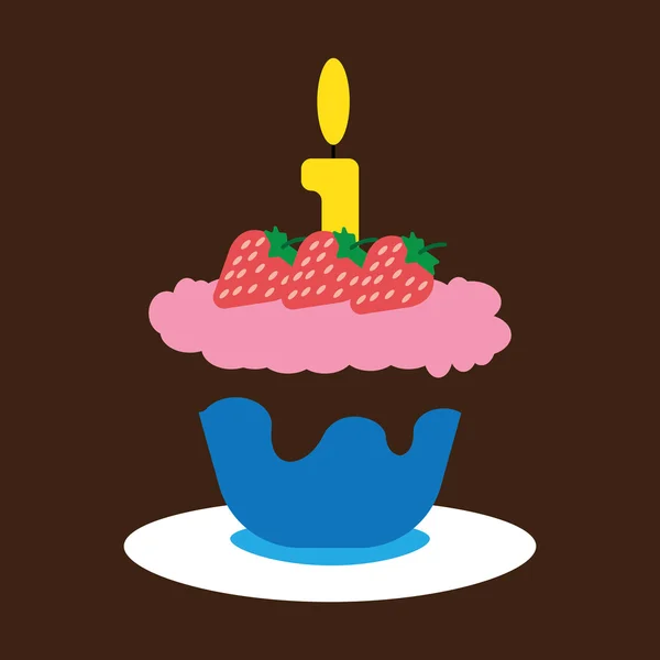 Cartão de doces com um grande bolo de creme de frutas com chocolate e morangos, grande vela acesa em cima, sobre fundo marrom. Azul, amarelo, vermelho, verde e laranja. Imagem vetorial digital . — Vetor de Stock