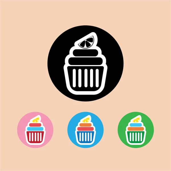 Süßigkeitenkarte mit Sahnetorte, Zitronenscheibe darüber, über Pfirsichhintergrund. blau, gelb, rosa, grün und schwarz. digitales Vektorbild. — Stockvektor