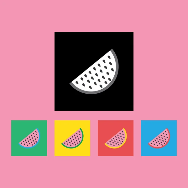Ensemble de tranches de melon colorées avec des graines dans des cadres carrés sur fond rose. Noir, vert, jaune, rouge et bleu. Image vectorielle numérique — Image vectorielle
