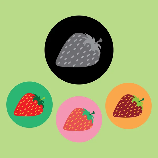 Aardbeien met zaden set, in omtrek, over licht groene achtergrond. Roze, groen, oranje en zwart. Digitaal vector beeld. — Stockvector