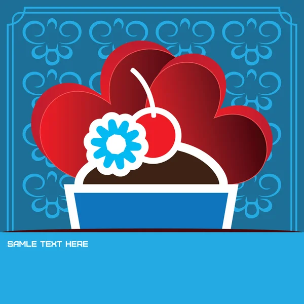 Candy card with a big chocolate cream cake, over blue background with hearts and floral frames in outline style. Sample text. Digital vector image. — Stock Vector