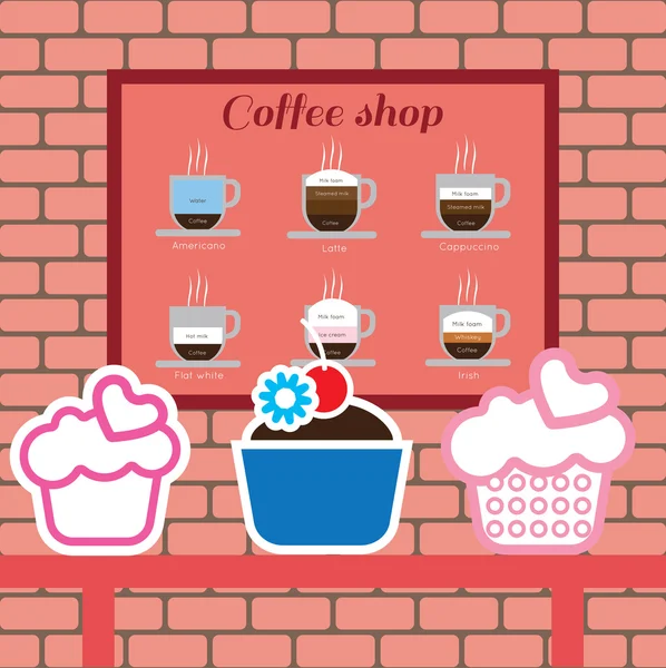 Set de pasteles y artículos de cafetería con americano, latte, capuchino, blanco plano e irlandés, sobre fondo rosa con ladrillos. Imagen vectorial digital — Vector de stock