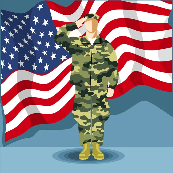Feliz quarto de julho América, cartão do dia da independência, com um soldado do exército e bandeira. Imagem vetorial digital — Vetor de Stock