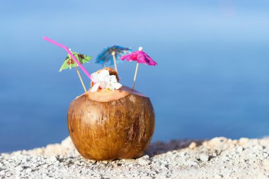 Saman, şemsiye ve çiçekler, protaras, Kıbrıs Adası denizde, buzlu içme ile Hindistan cevizi