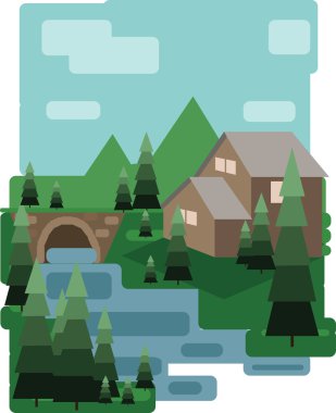 Yeşil ağaçlar ve bulutlar, bir ev ve bir göl, düz tarzı yakınında bir köprü ile soyut peyzaj tasarımı. Dijital vektör görüntüsü.