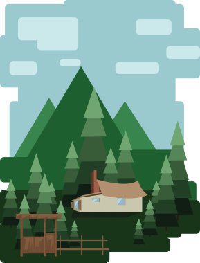 Yeşil ağaçlar ve bulutlar, ormanda bir ev, düz tarzı ile soyut peyzaj tasarımı. Dijital vektör görüntüsü.