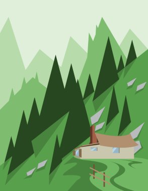 Abstract landscape design with green trees and hills, a house in the mountains, flat style. Digital vector image.