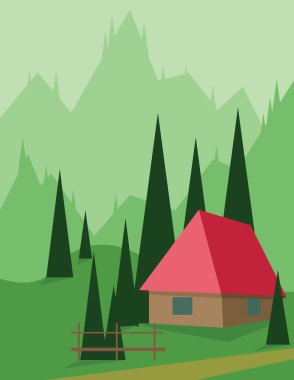 Abstract landscape design with green trees and hills, a red house in the mountains, flat style. Digital vector image.