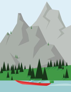 Yeşil ağaçlar ve gümüş dağları olan soyut bir manzara tasarımı, düz bir gölde kırmızı bir tekne. Dijital vektör resmi.