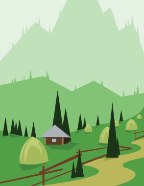 Abstract landscape design with green trees and hills, a brown house and hay in the mountains, flat style. Digital vector image.