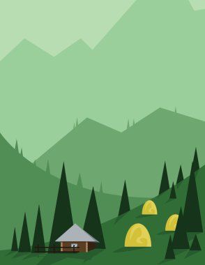 Abstract landscape design with green trees and hills, brown house in the mountains and yellow hay, flat style. Digital vector image.