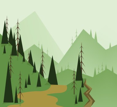 Yeşil ağaçlar, tepeler, yollar ve düz bir uçurum olan soyut manzara tasarımı. Dijital vektör resmi.