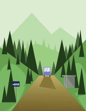 Abstract landscape design with green trees and hills, a brown road and view to mountains with a bus at a station, flat style. Digital vector image.
