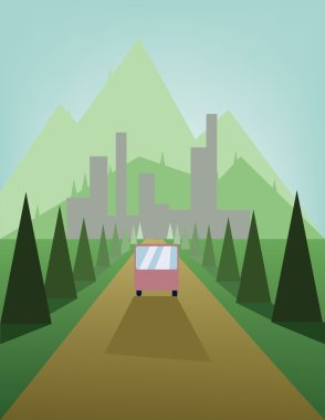 Abstract landscape design with green trees and hills, a brown road with a bus and view to mountains and the city, flat style. Digital vector image.