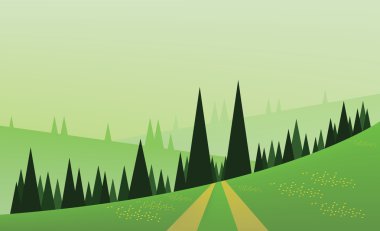 Yeşil ağaçları, tepeleri ve sisi olan soyut manzara tasarımı, tarlalarda bir yol ve sarı çiçekler, düz stil. Dijital vektör resmi.