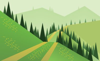 Yeşil ağaçları, tepeleri ve sisi olan soyut manzara tasarımı, tarlalarda bir yol ve sarı çiçekler, düz stil. Dijital vektör resmi.