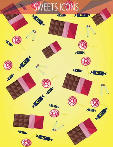 Abstract sweets icons set with candies, chocolate bars over an yellow background. Digital vector image. — Stock Vector