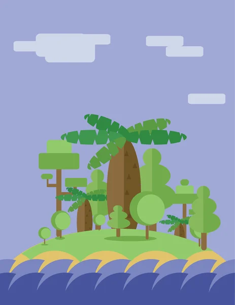 Abstrakte Landschaftsgestaltung mit grünen Bäumen, Wolken und Meereswellen auf einer Insel, flacher Stil. Digitales Vektorbild. — Stockvektor