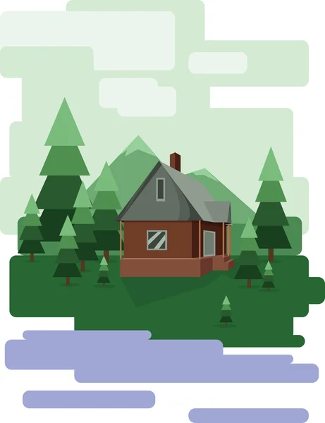 Abstract landscape design with green trees and clouds, a house in the forest and a lake, flat style. Digital vector image. — Stock Vector