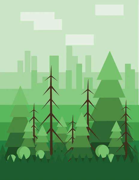 Projeto paisagístico abstrato com árvores verdes e nuvens, estilo plano. Imagem vetorial digital . — Vetor de Stock