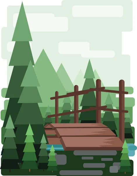 Abstract landscape design with green trees and clouds, a wooden bridge in the forest and a lake, flat style. Digital vector image. — Stock vektor