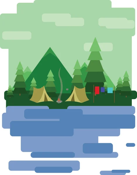 Diseño abstracto del paisaje con árboles verdes y nubes, tiendas de campaña en el bosque y un lago, de estilo plano. Imagen vectorial digital . — Archivo Imágenes Vectoriales