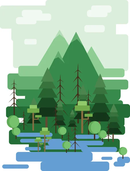 Abstract landschapsontwerp met groene bomen en wolken, een bos en een meer, vlakke stijl. Digitaal vector beeld. — Stockvector
