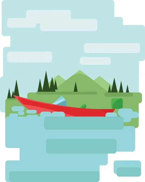 Абстрактный ландшафтный дизайн с зелеными деревьями и облаками, красная лодка на озере, плоский стиль. Цифровые векторные изображения . — стоковый вектор