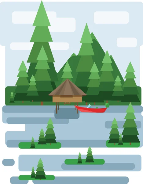 Design paesaggistico astratto con alberi verdi e nuvole, una casa e una barca su un lago, in stile piatto. Immagine vettoriale digitale . — Vettoriale Stock